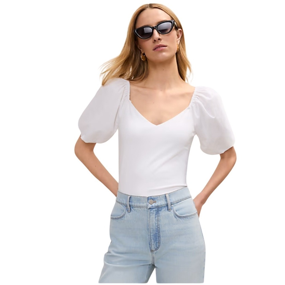 A‎ Loves A Womens White V-Neck Puff Sleeve Knit Top Blouse XL R2140CJF